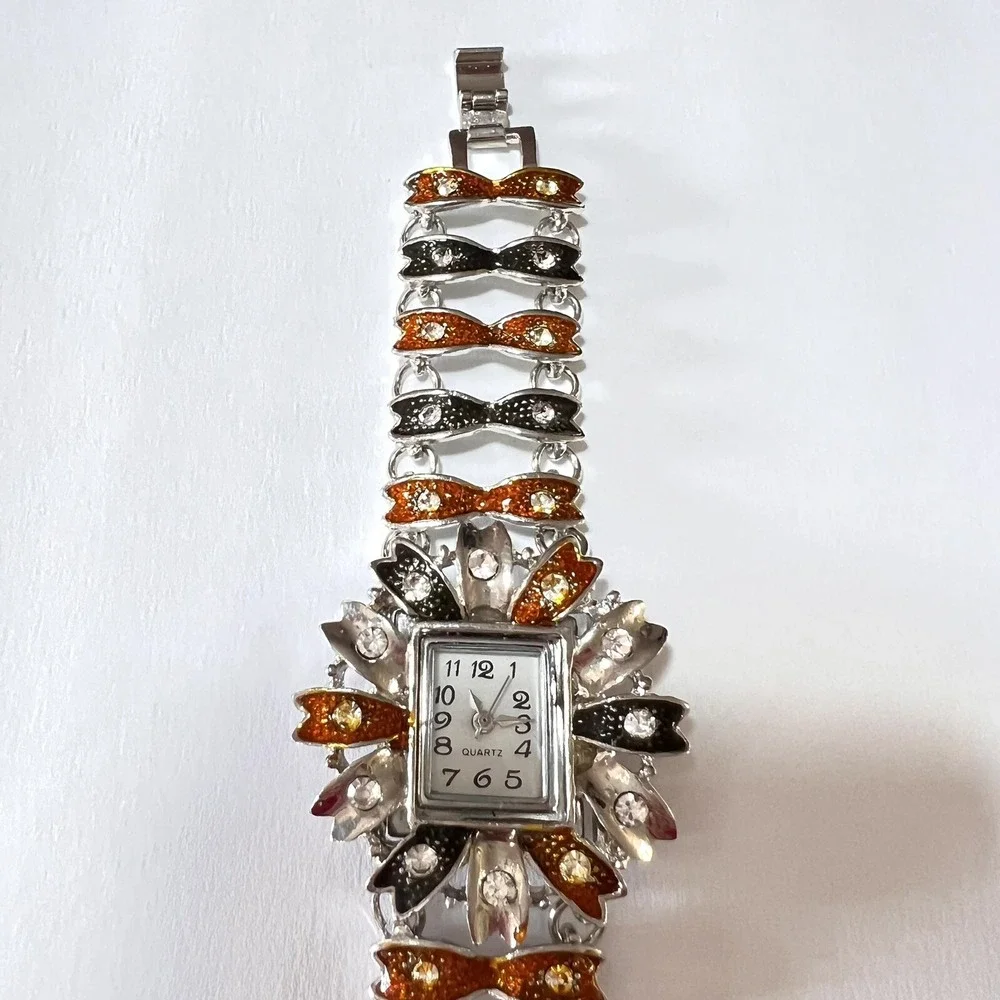 Women's Watch Floral‎ Brown/Black Silver Tone Bracelet Wristwatch 6.5 in
